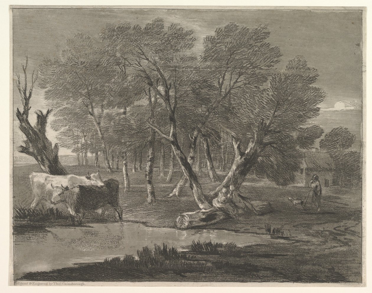 Wooded Landscape with Cows beside a Pool, Figures and Cottage by Thomas Gainsborough