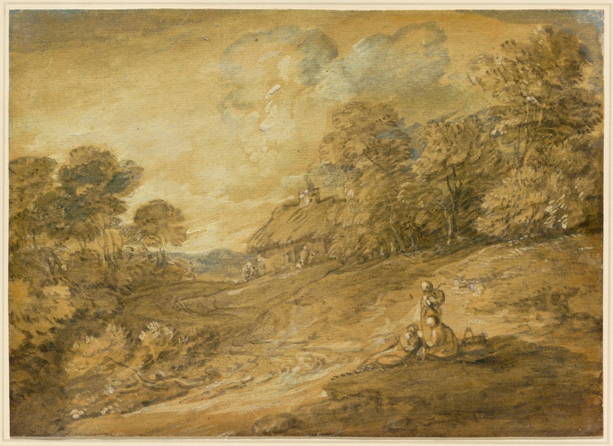 Wooded Landscape with Figures and Winding Track Leading to a Cottage by Thomas Gainsborough