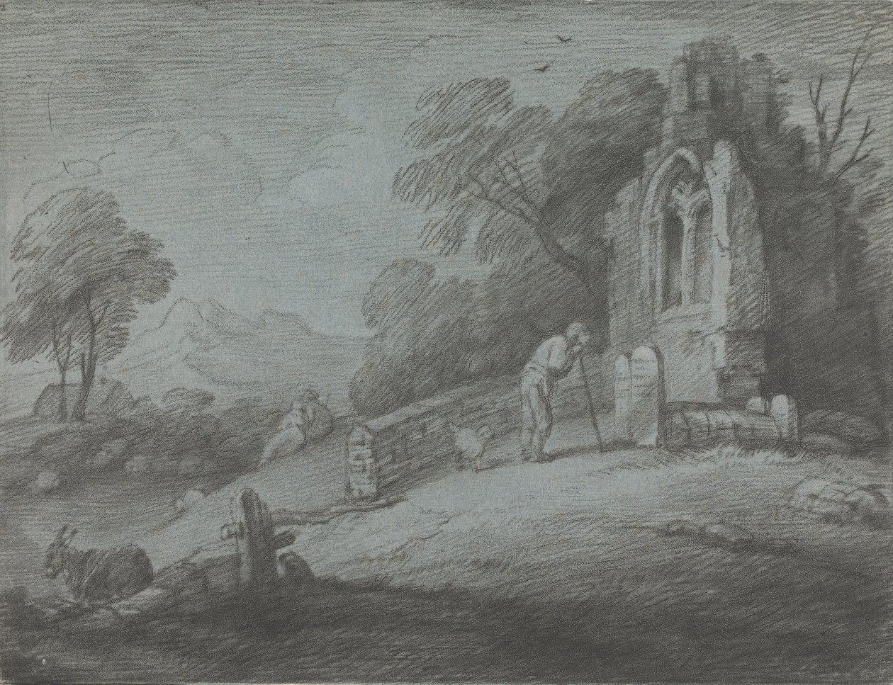 Wooded Landscape with Peasant Reading Tombstone, Rustic Lovers and Ruined Church by Thomas Gainsborough