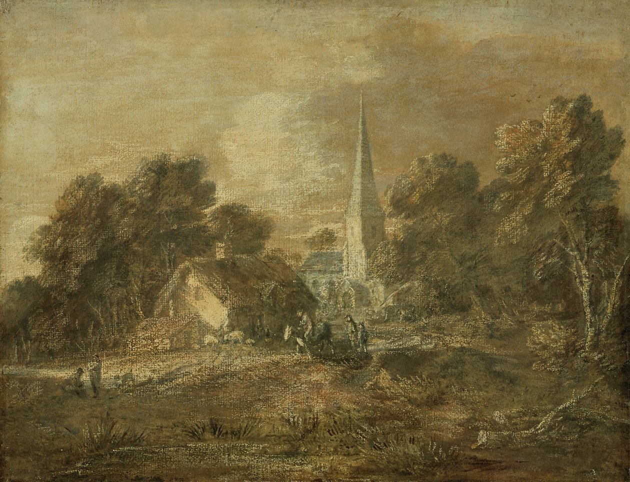 Wooded Landscape with Village Scene by Thomas Gainsborough
