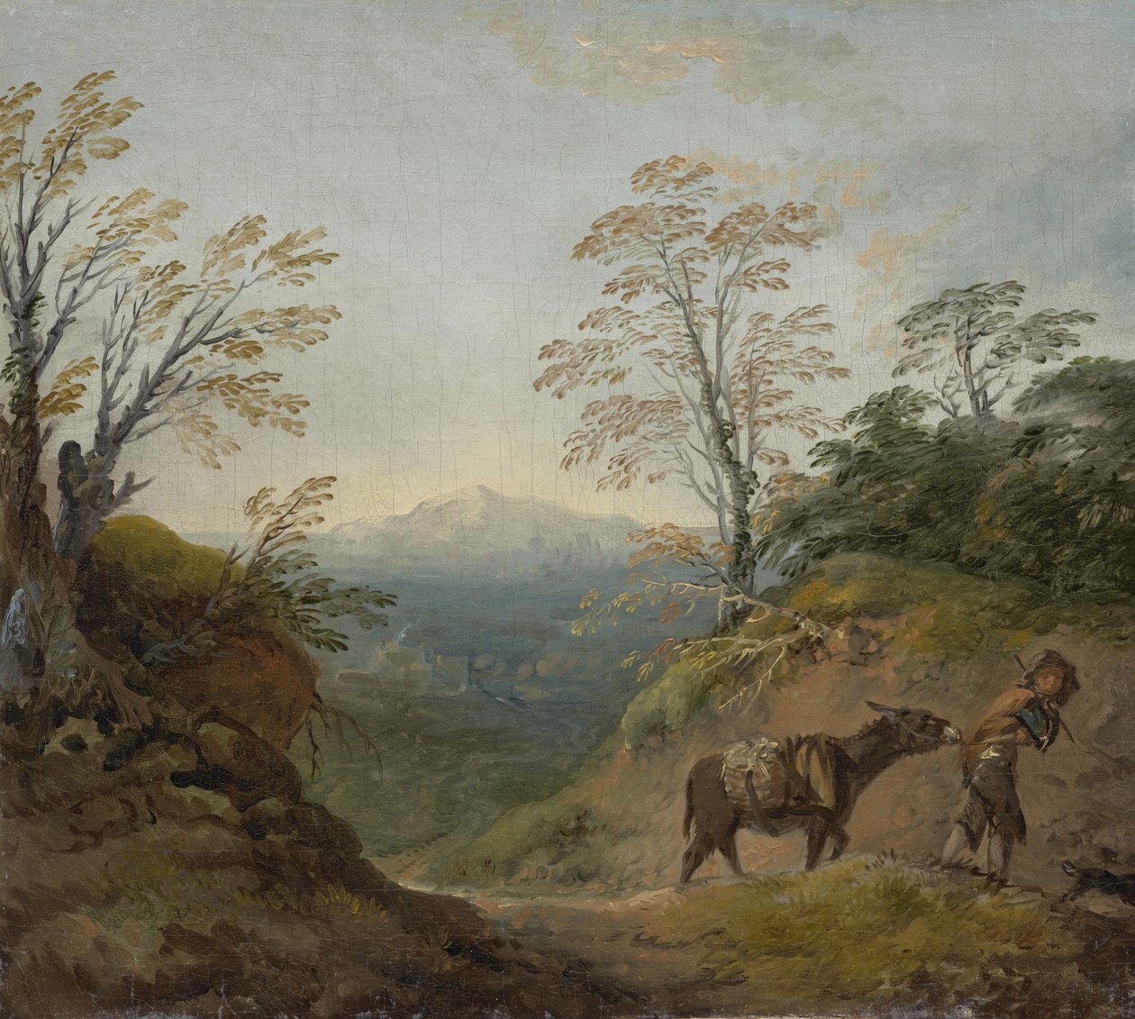 Wooded Landscape with a Boy Leading a Donkey and Dog, and an Extensive Panorama with Buildings and Distant Hills by Thomas Gainsborough
