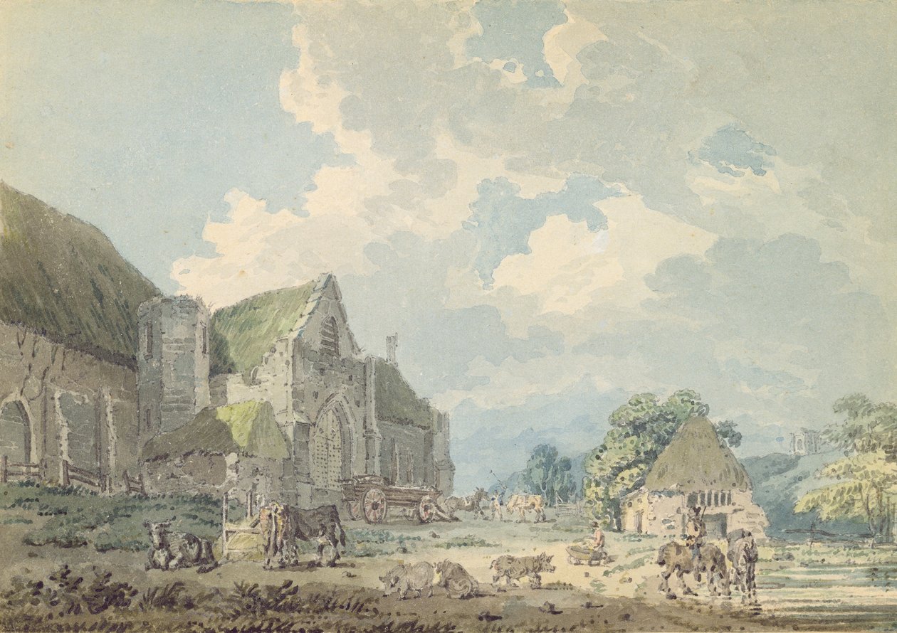 The Tithe Barn at Abbotsbury with the Abbey on the Hill, c.1795 by Thomas Girtin