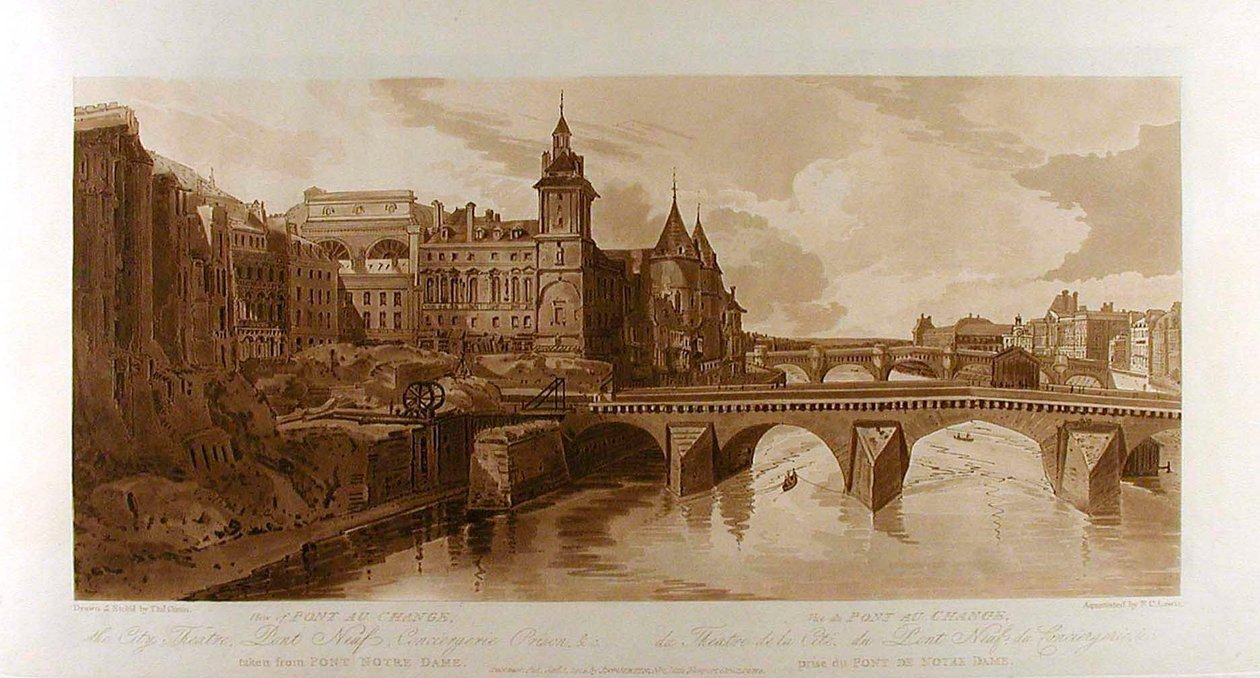 View of Pont au Change, the City Theatre, Pont Neuf, Conciergerie Prison, etc., taken from Pont Notre-Dame by Thomas Girtin