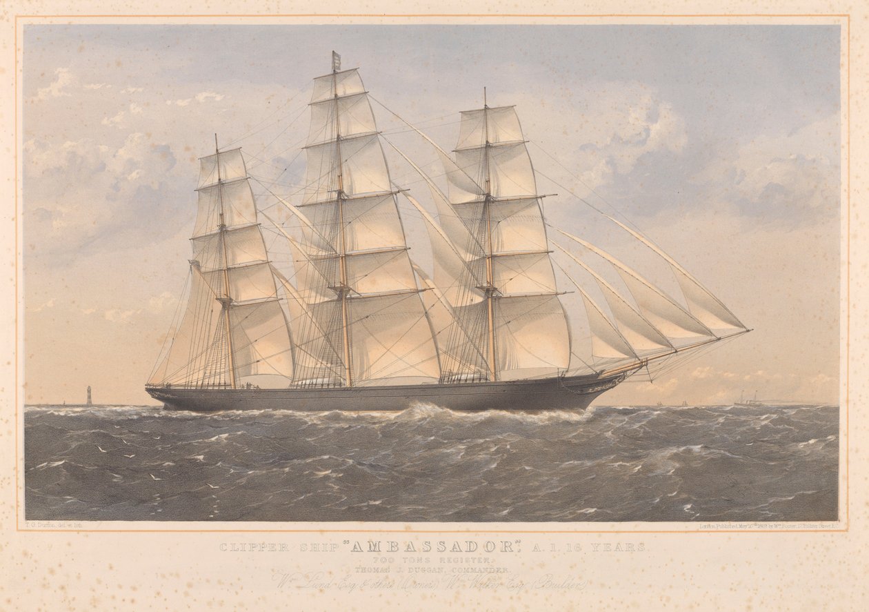 Clipper Ship Ambassador, A.1. 16 Years... William Lund Esquire & Others (Owners) William Walker Esquire (Builders) by Thomas Goldsworth Dutton
