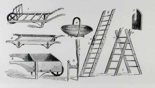 Wheelbarrows, trug and ladders, from Thomas Mawson