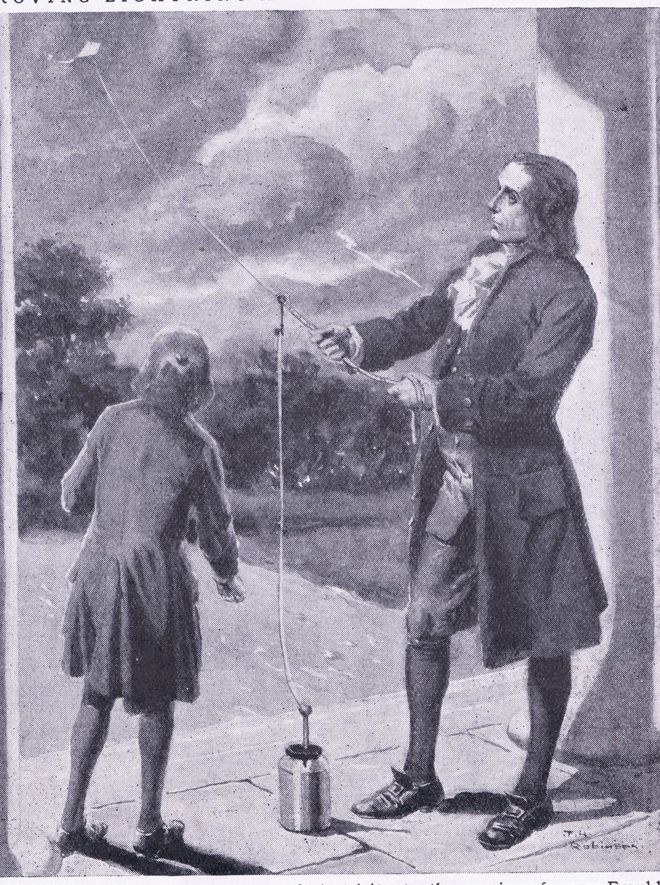Franklin proving lightning and electrical phenomenon, illustration from 