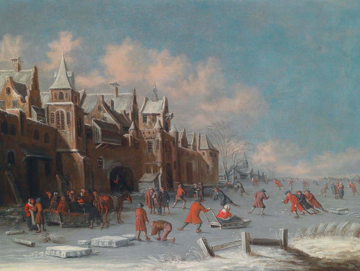 Skaters on the Ice Outside the Gates of a Dutch City by Thomas Heeremans