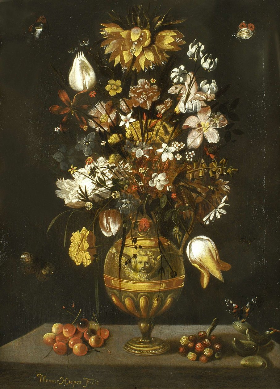 Golden Bronze Vase of Flowers with Cherries, Tree Strawberries and Almonds on a Table by Thomas Hiepes