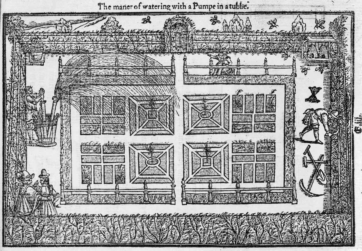 The manner of watering with a pump in a tub, from The Gardeners Labyrinth, 1577 by Thomas Hill