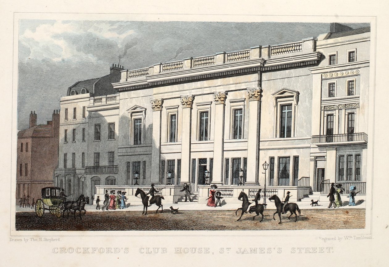 Crockfords Club House, St. James Street, pub. 1828 by Thomas Hosmer Shepherd