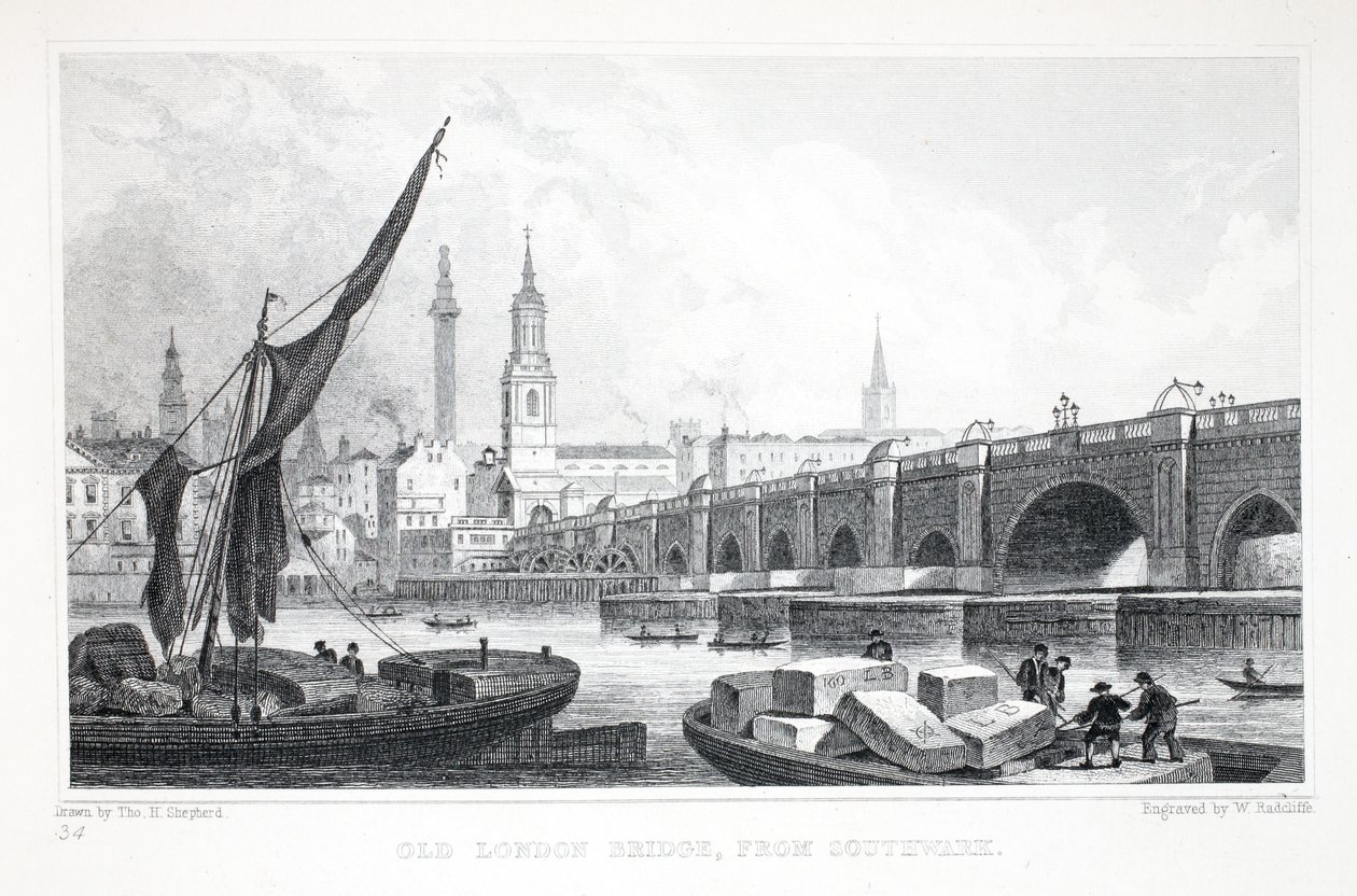 Old London Bridge, from Southwark, from 
