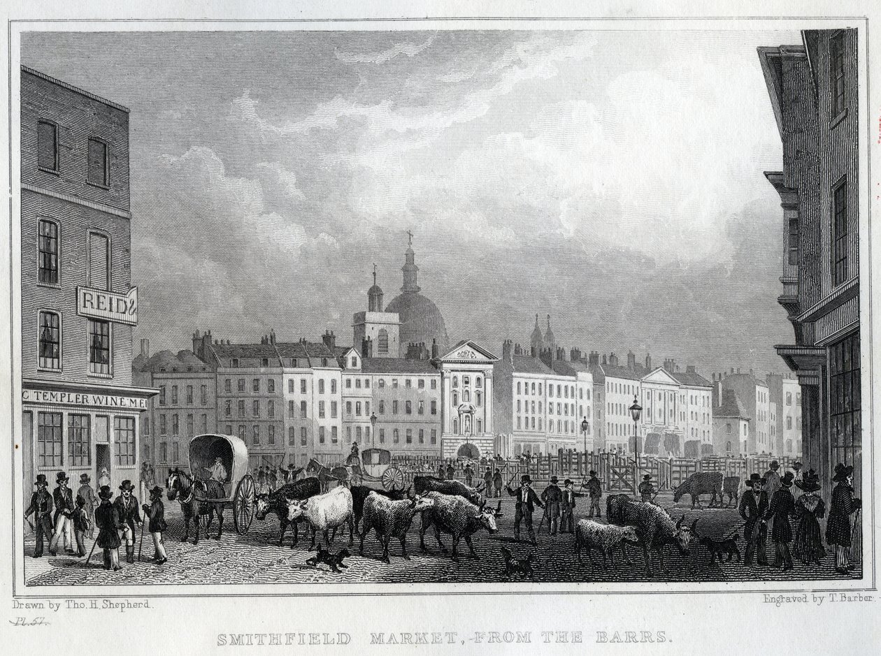 Smithfield Market from the Barrs, engraved by Thomas Barber by Thomas Hosmer Shepherd