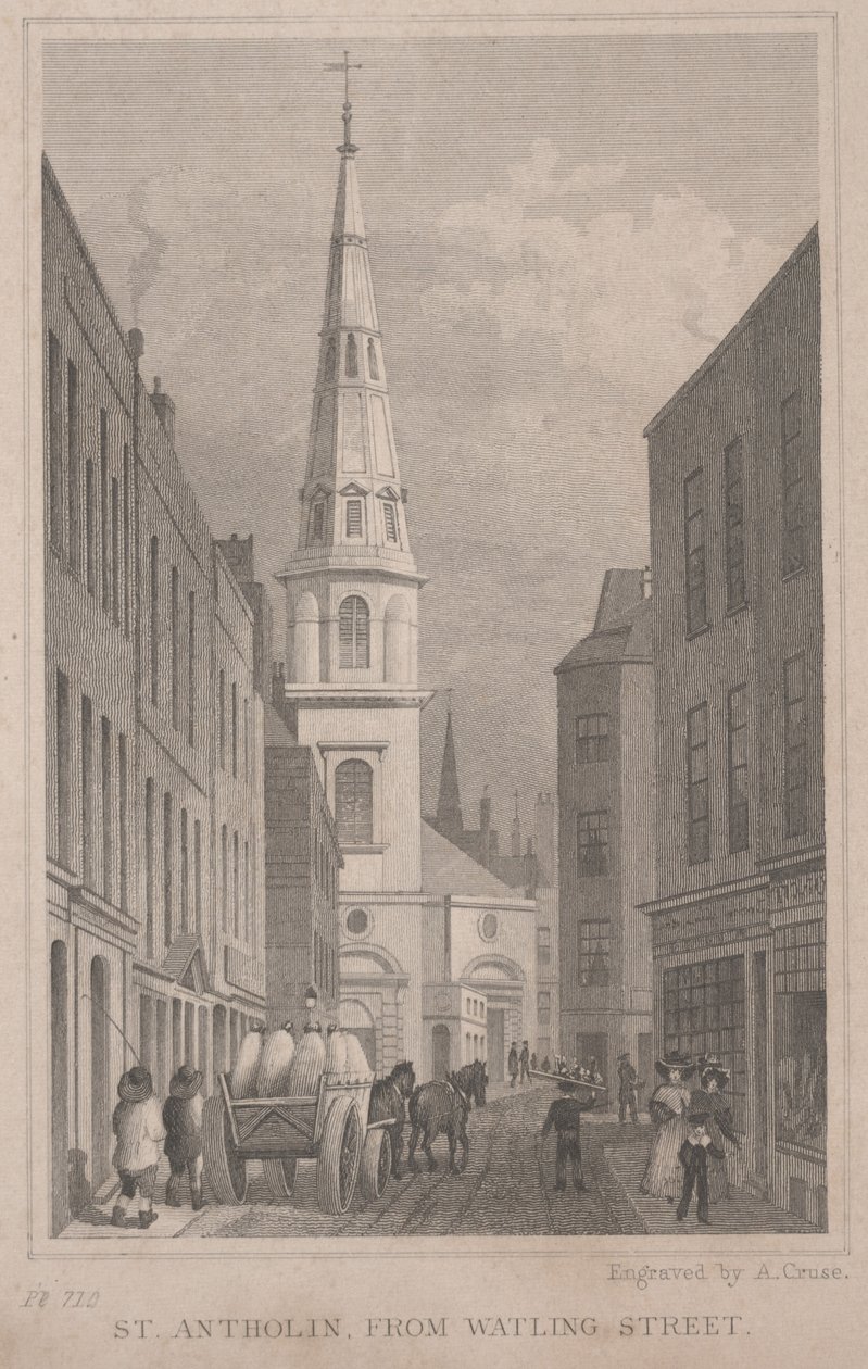 St. Antholin, from Watling Street, engraved by A. Cruse by Thomas Hosmer Shepherd