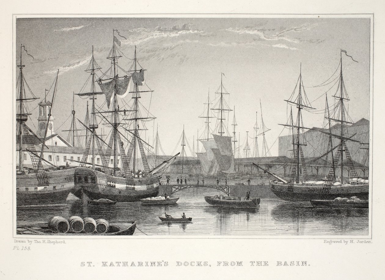 St Katherine Docks, from the Basin, Tower by Thomas Hosmer Shepherd