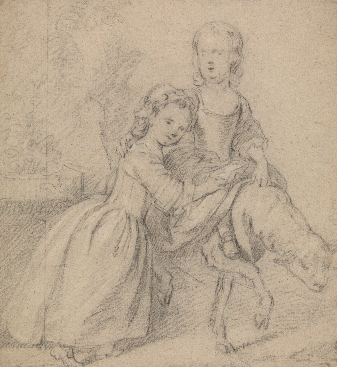 Two Girls in a Landscape, One Riding a Lamb by Thomas Hudson
