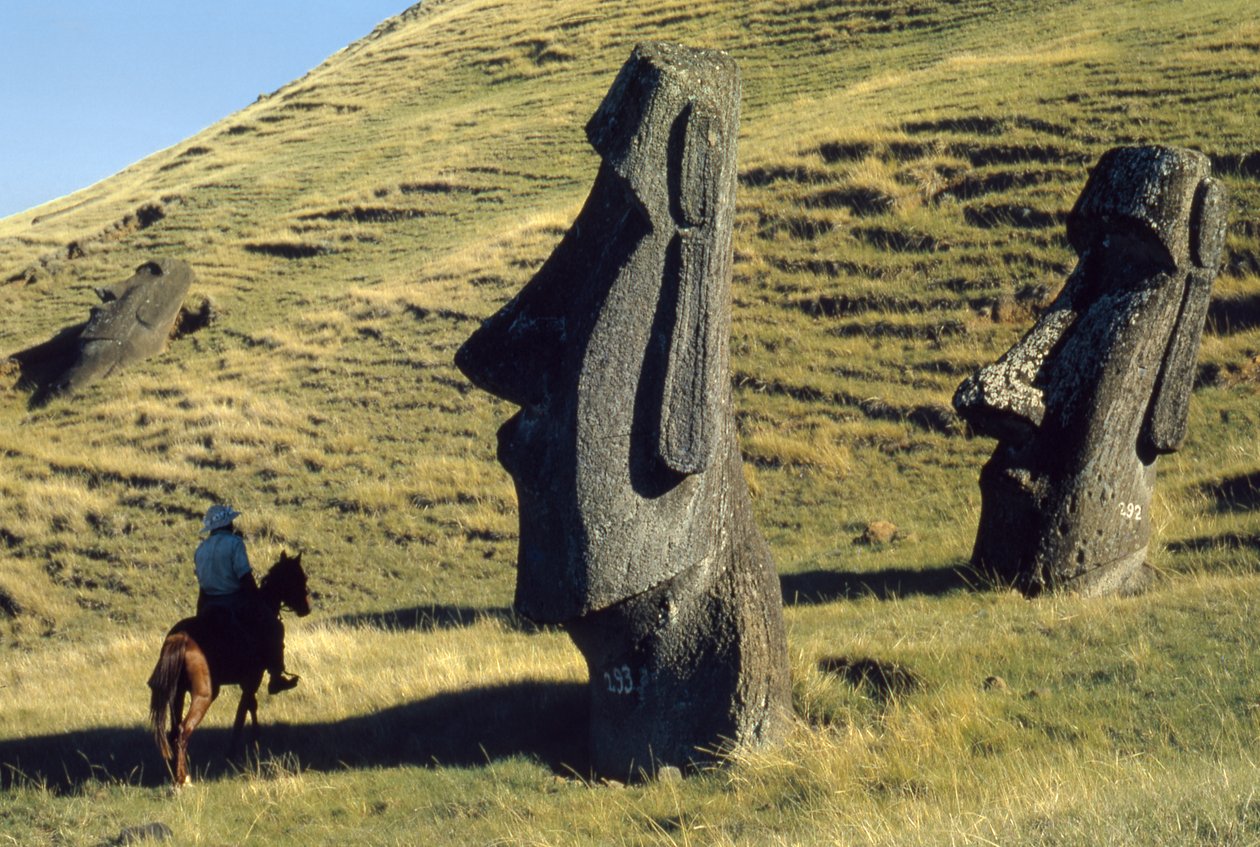 Easter Island monoliths called moai in a volcanic landscape are ancient sentinels by Thomas J. Abercrombie
