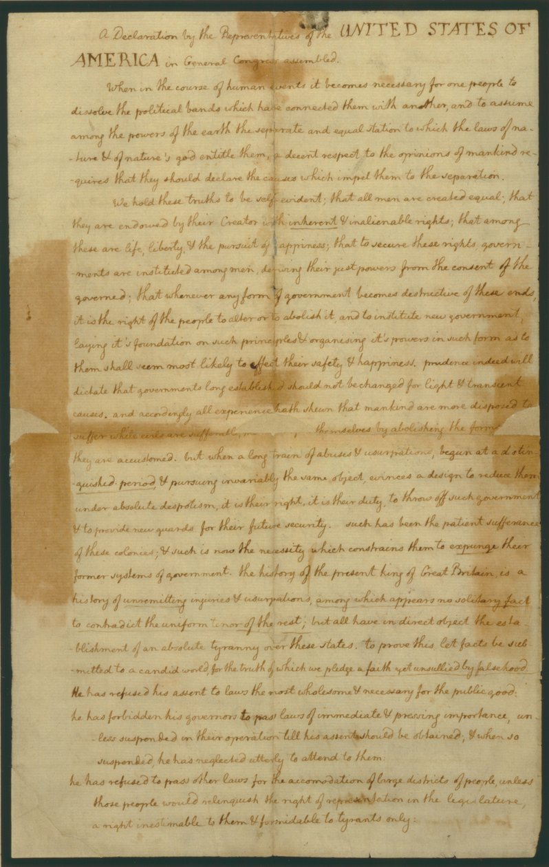 Draft of the Declaration of Independence, 4th July 1776 by Thomas Jefferson
