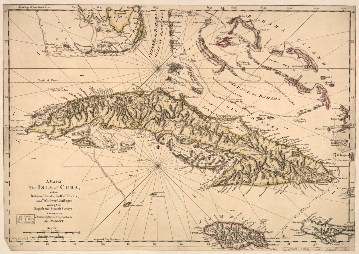Map of Cuba, Bahama Islands, Gulf of Florida, and Windward Passage by Thomas Jefferys