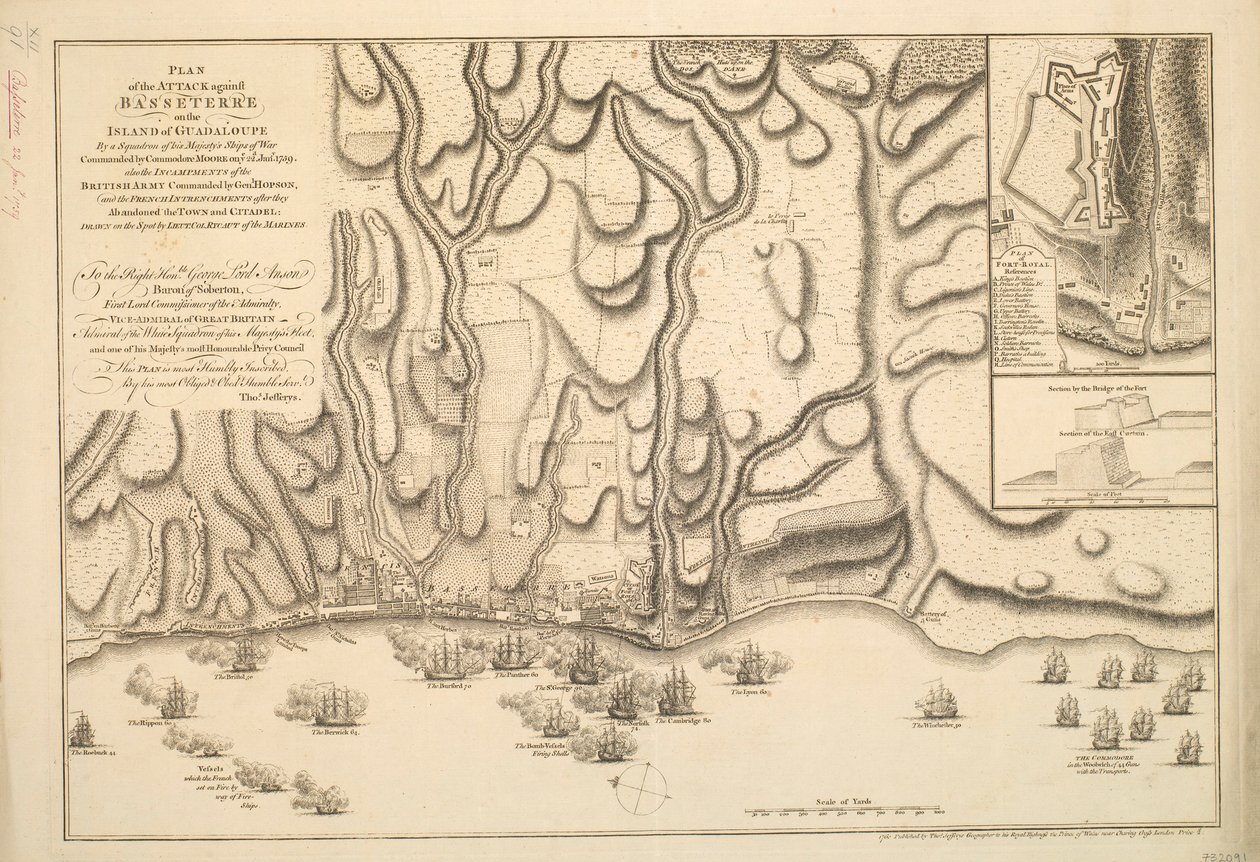 Plan of the Attack against Basseterre on the Island of Guadeloupe by a Squadron of His Majesty’s Ships of War Commanded by Commodore Moore on 22nd January 1759, also the Encampments of the British Army Commanded by General Hopson by Thomas Jefferys