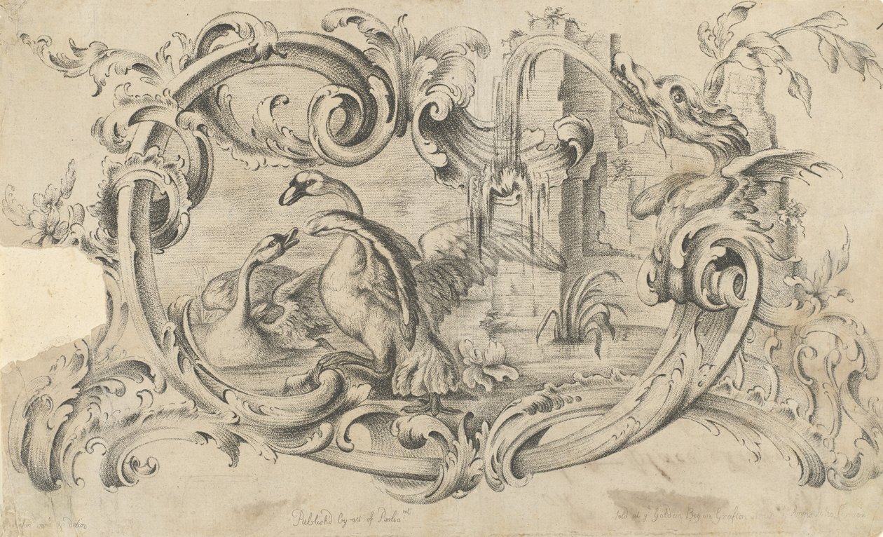 Design for a Tablet for a Chimney-Piece with Two Swans in Combat, Enclosed within a Scroll by Thomas Johnson