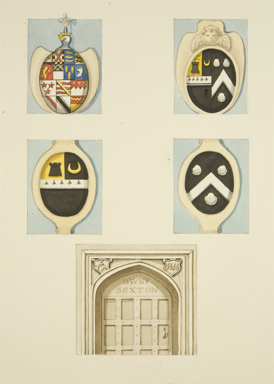 Coats of arms and spandrels over the door on Sexton