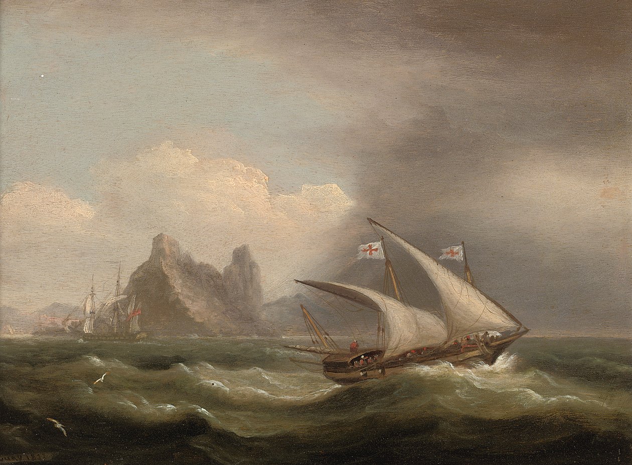 An armed Xebec in the Mediterranean, a British frigate off her stern and running past a rocky coastline by Thomas Luny
