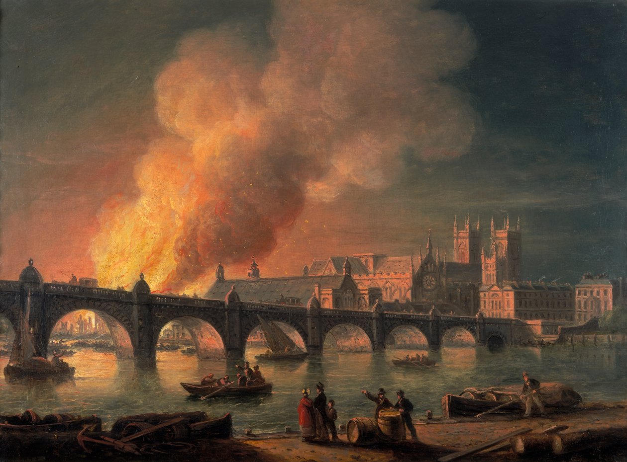 Westminster Bridge and the Burning of the Houses of Parliament from Lambeth, 1835 by Thomas Luny