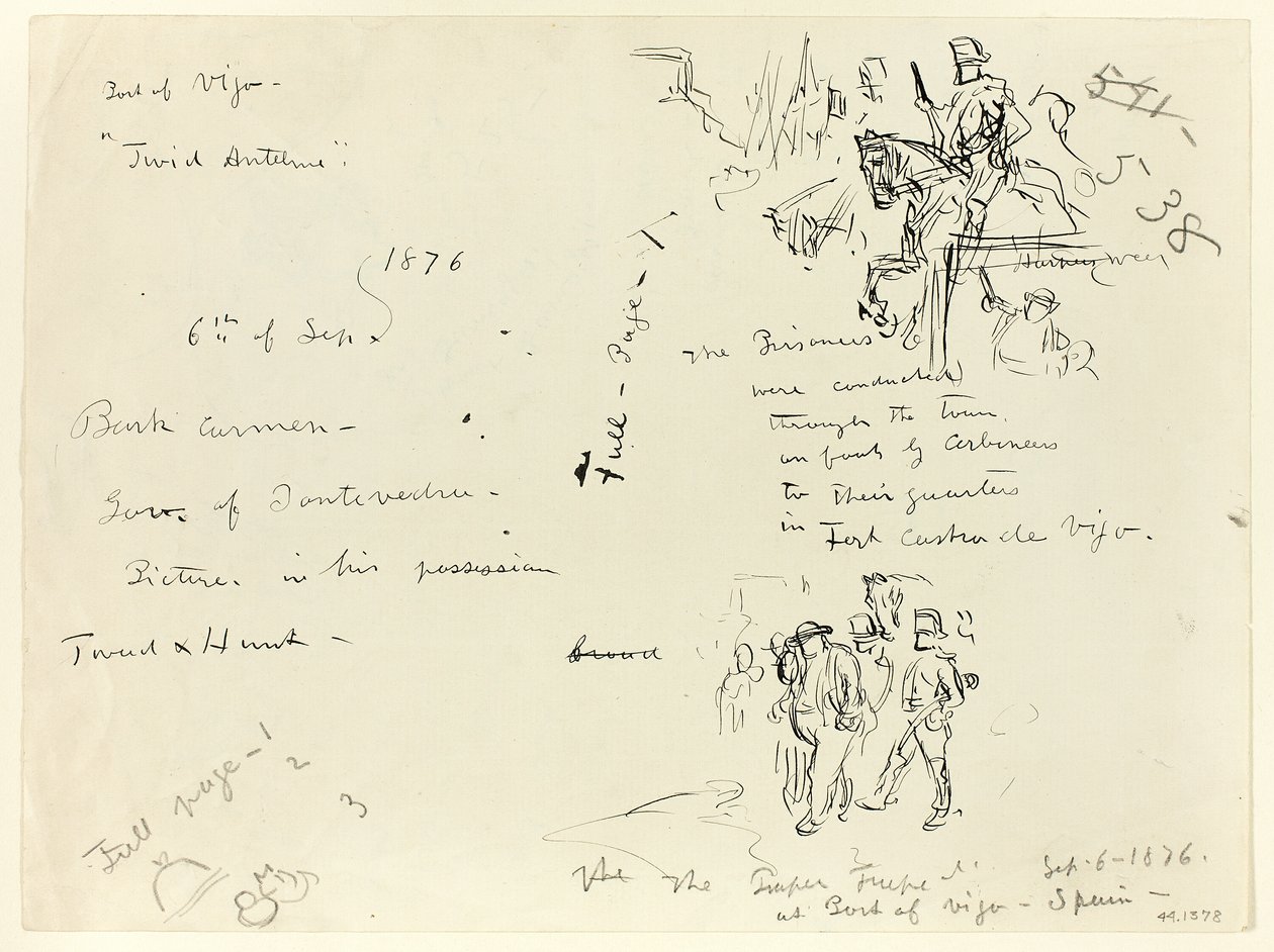 Sheet of Sketches: Soldier on Horseback and Soldier with Sabre Conducting Prisoner (recto); Sheet of Sketches (verso) by Thomas Nast