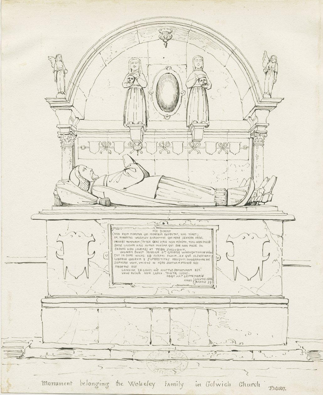 Colwich - Tomb of Robert Wolseley: pen and ink drawing by Thomas Peploe Wood