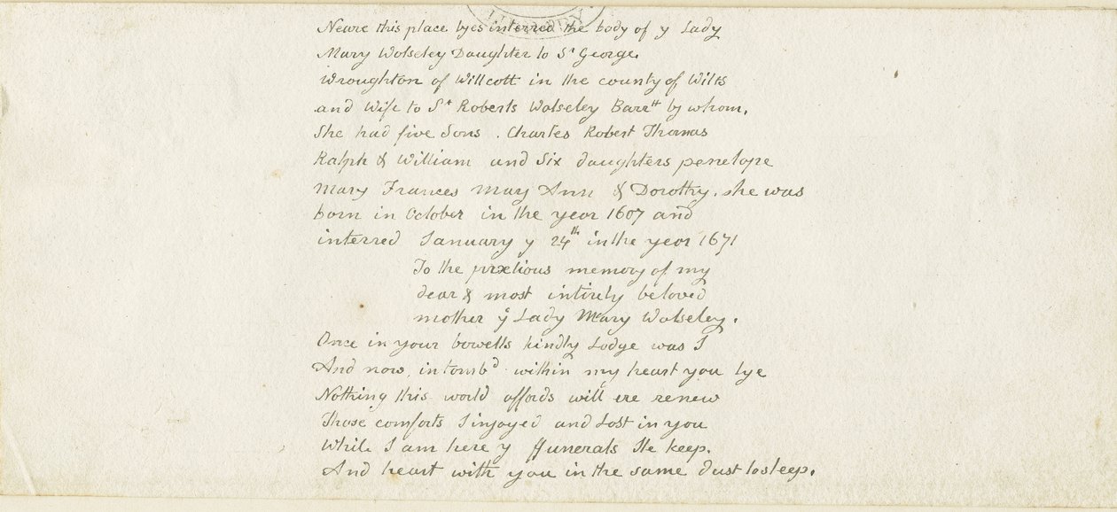 Colwich - Wolseley Monument inscription: pen, nd [1839] by Thomas Peploe Wood