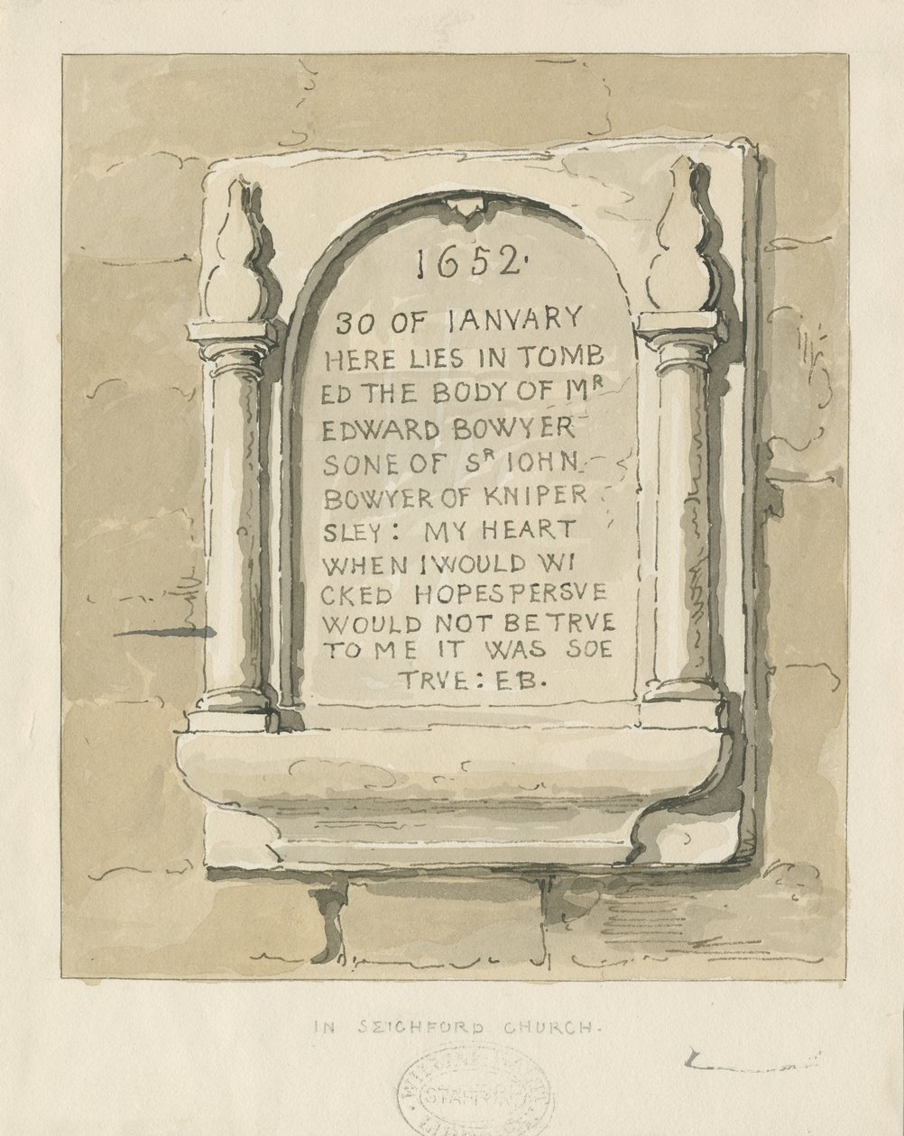 Seighford Church - Stone tablet to Edward Bowyer by Thomas Peploe Wood