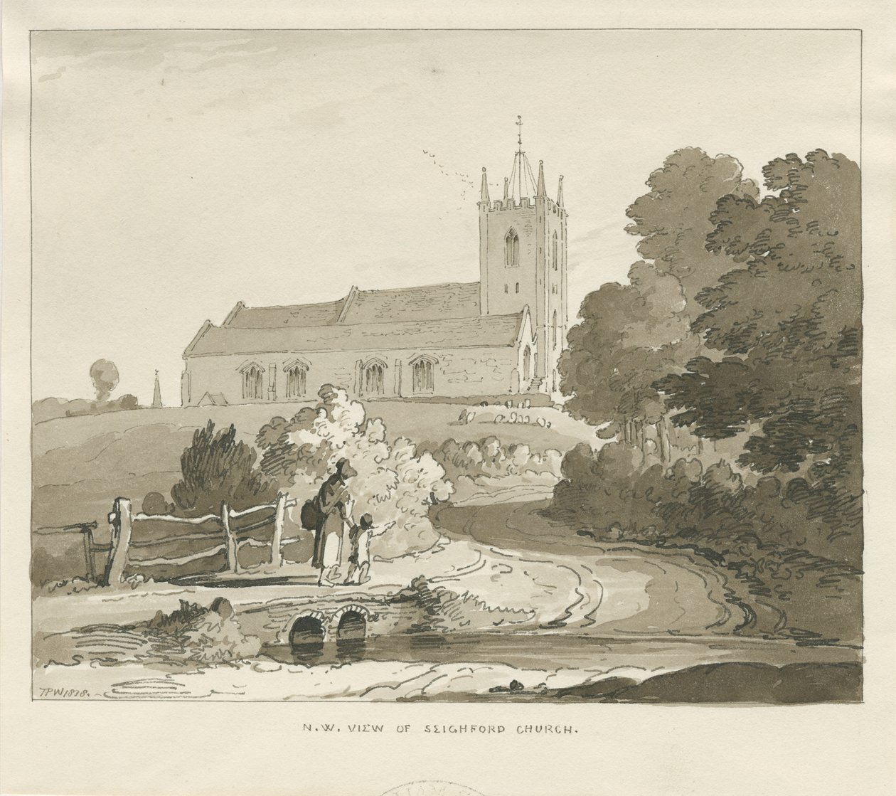 Seighford Church: Sepia Wash Drawing by Thomas Peploe Wood