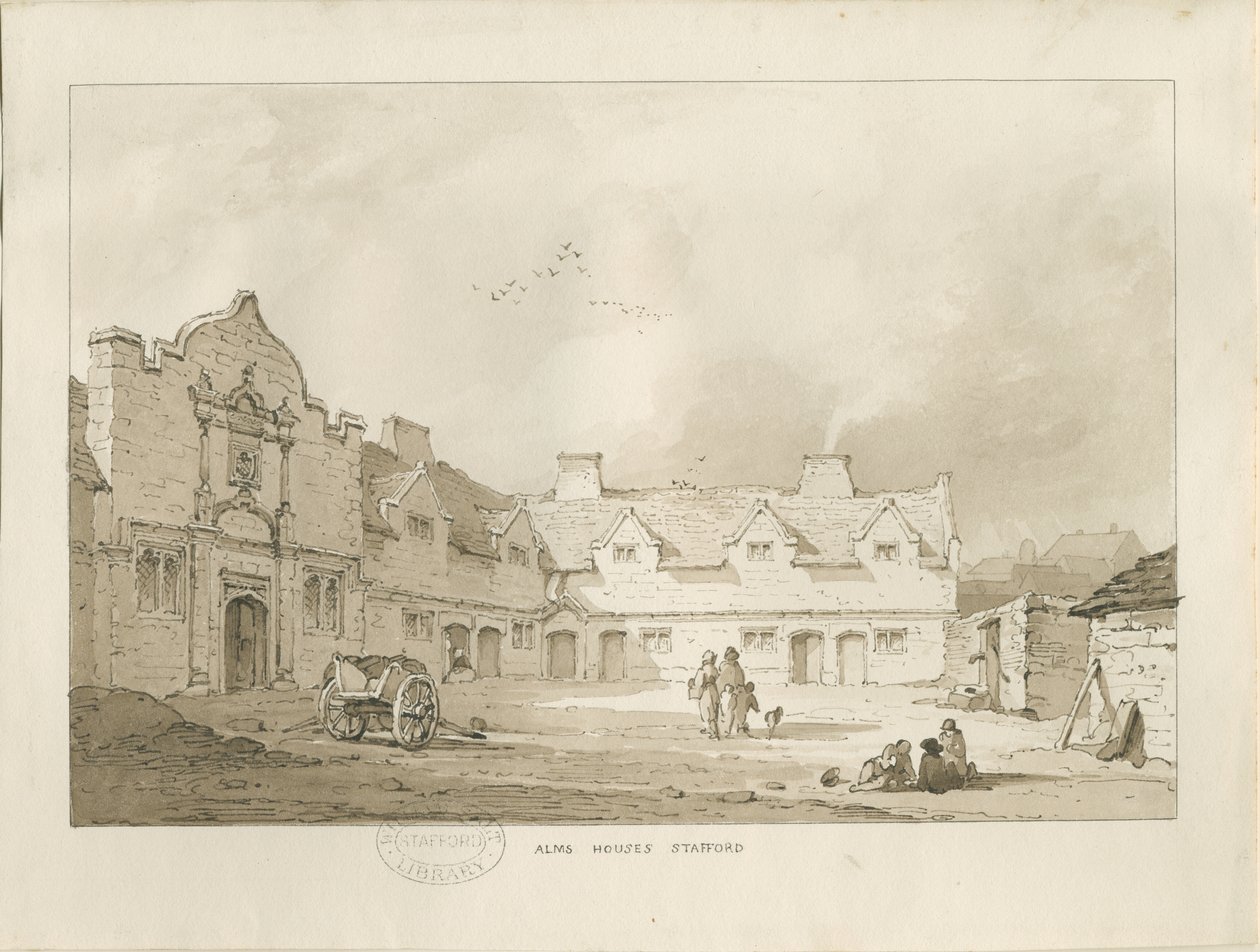 Stafford - Alms Houses: sepia drawing, nd [1837] by Thomas Peploe Wood
