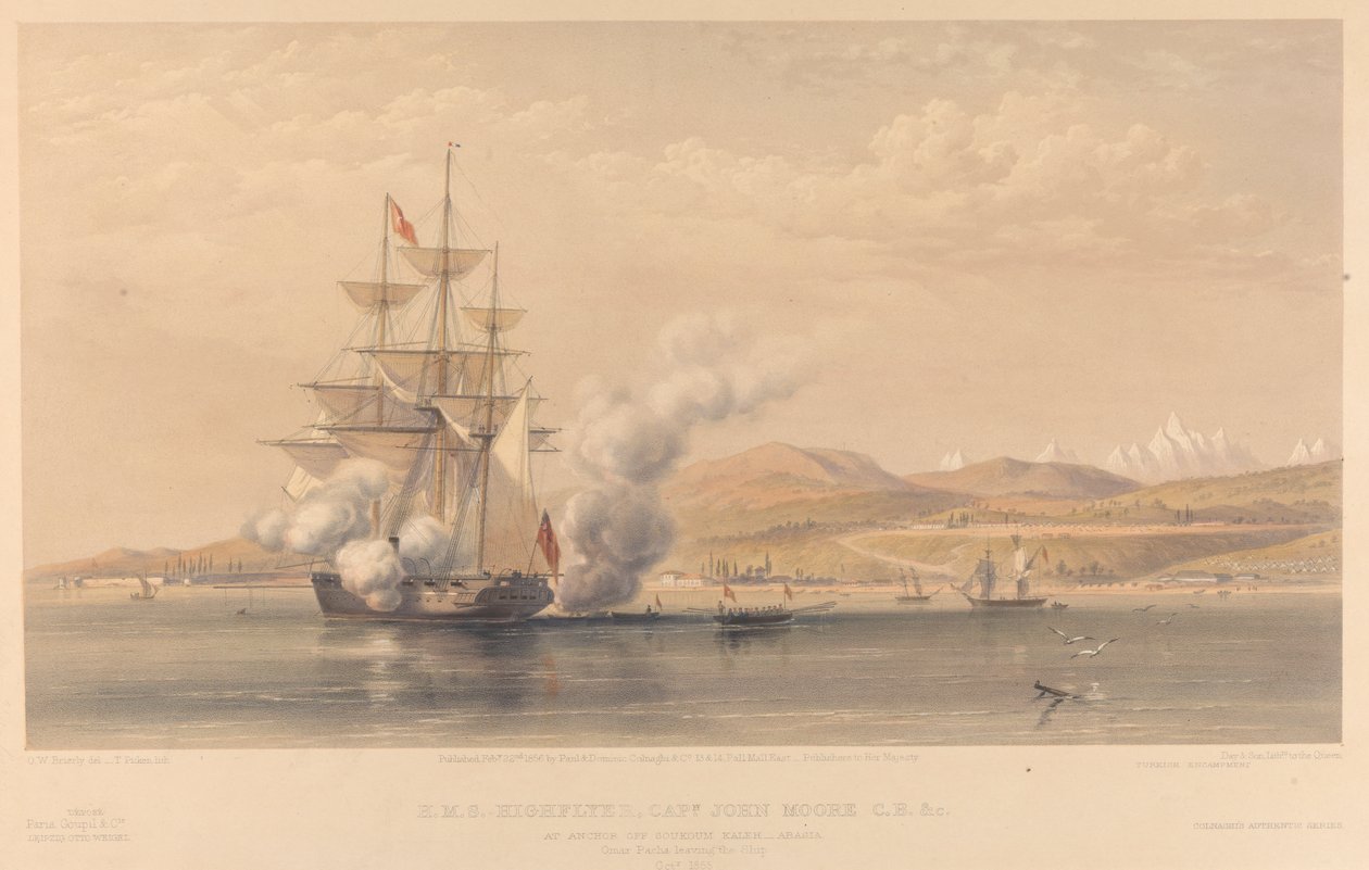H.M.S. Highflyer Capt. John Moore C.B. &c. at Anchor off Soukoum Kaleh-Abasia, Omar Pasha Leaving the Ship, October 1855 by Thomas Picken