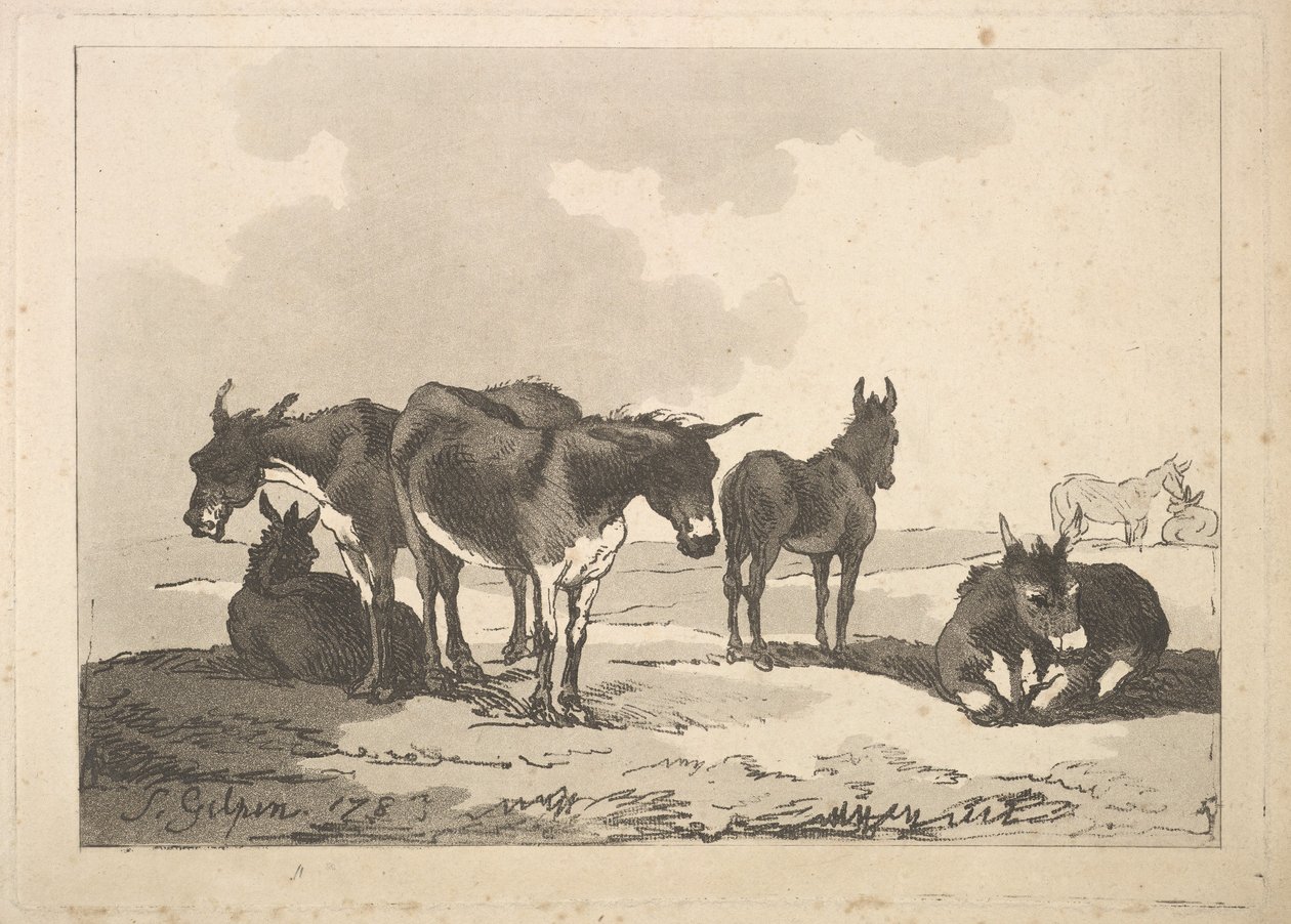 A Group of Five Donkeys, Three Standing, Two Lying by Thomas Rowlandson