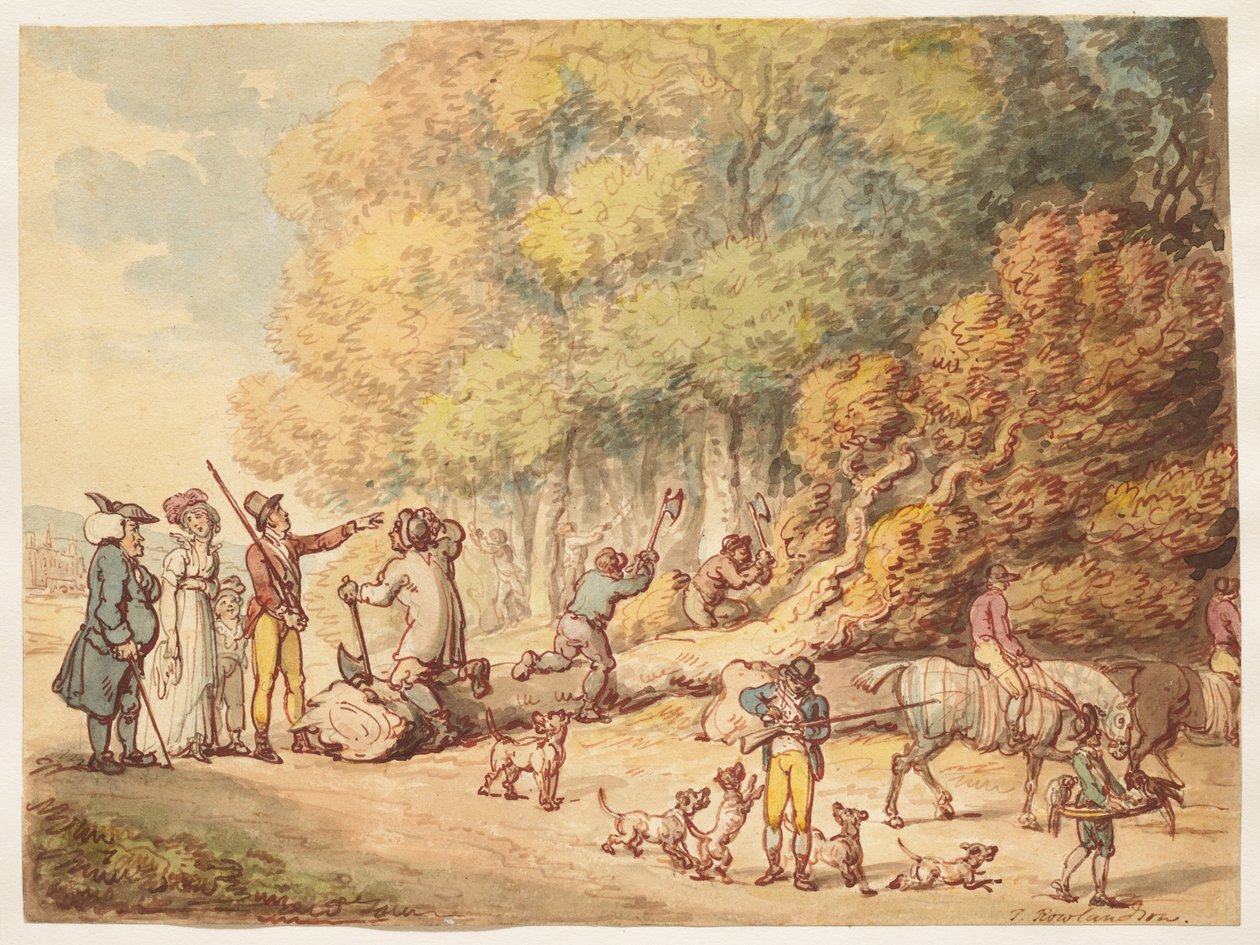 A Sportsman with his Family Instructing Woodmen to Chop up a Felled Tree by Thomas Rowlandson