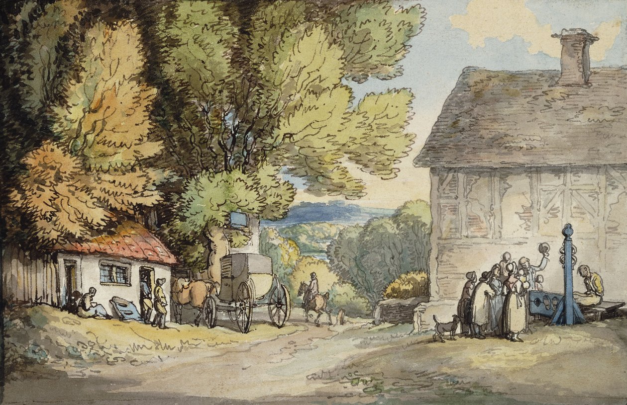 A Village Green: a Carriage Halted Beneath a Tree, with a Man in the Stocks and a Group of Onlookers by Thomas Rowlandson