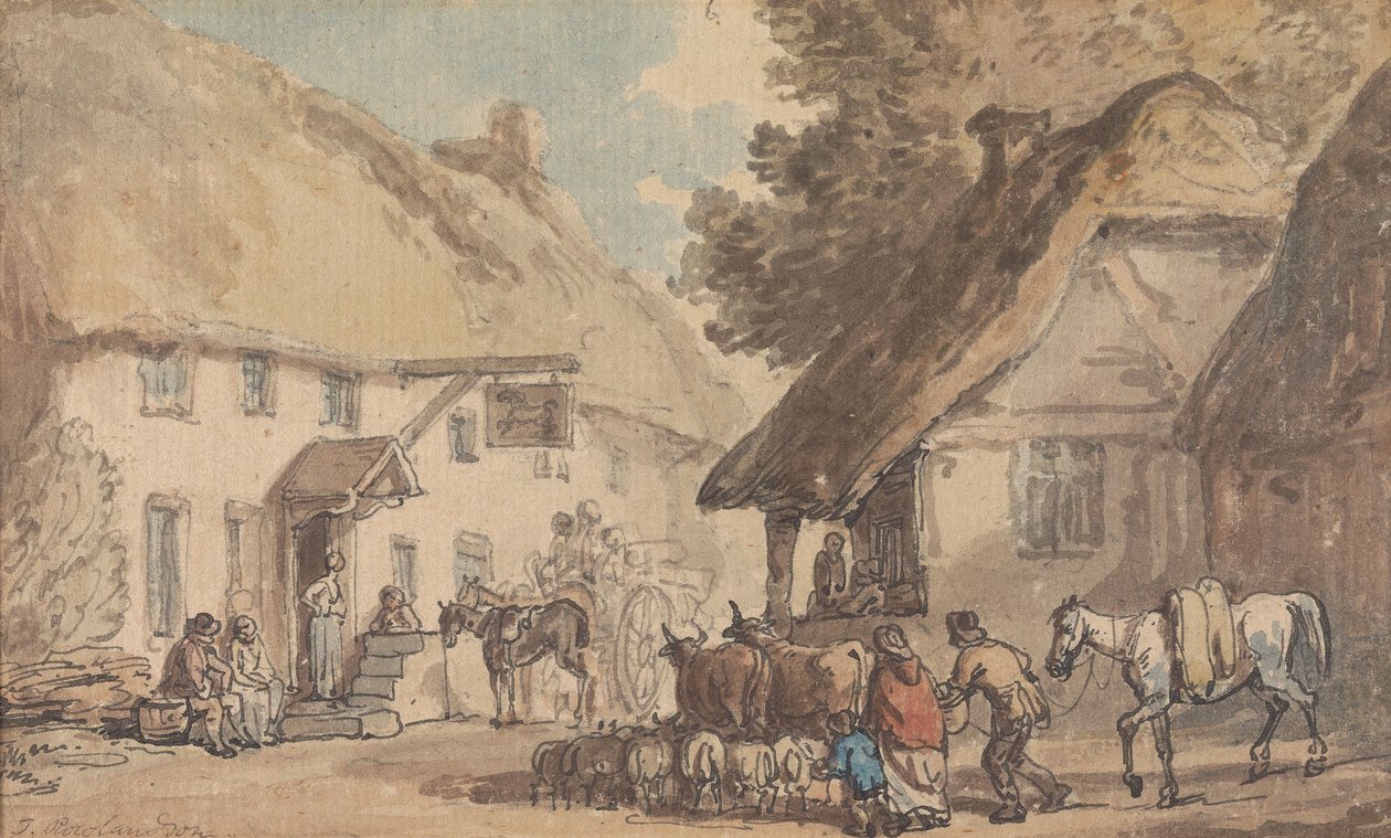 A Village Street with Cattle and Sheep Being Driven Through by Thomas Rowlandson