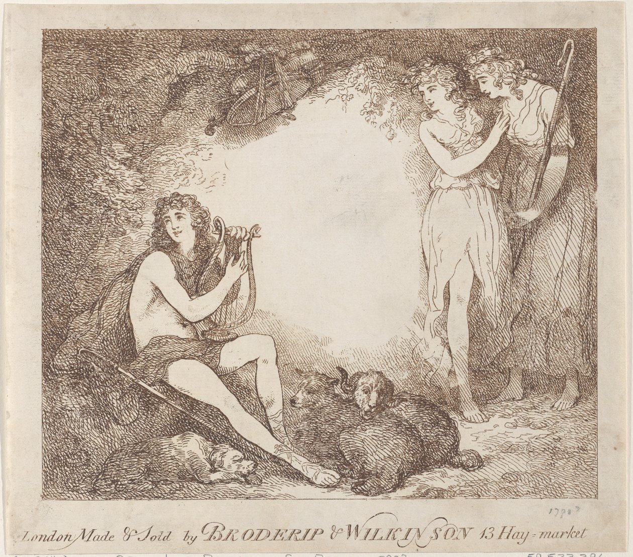 Apollo, Lyra and Daphne Trade Card Illustrating Marian, an Opera by Thomas Rowlandson