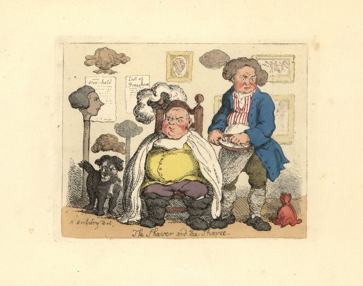 Barber and customer in a barbershop decorated with wigs by Thomas Rowlandson
