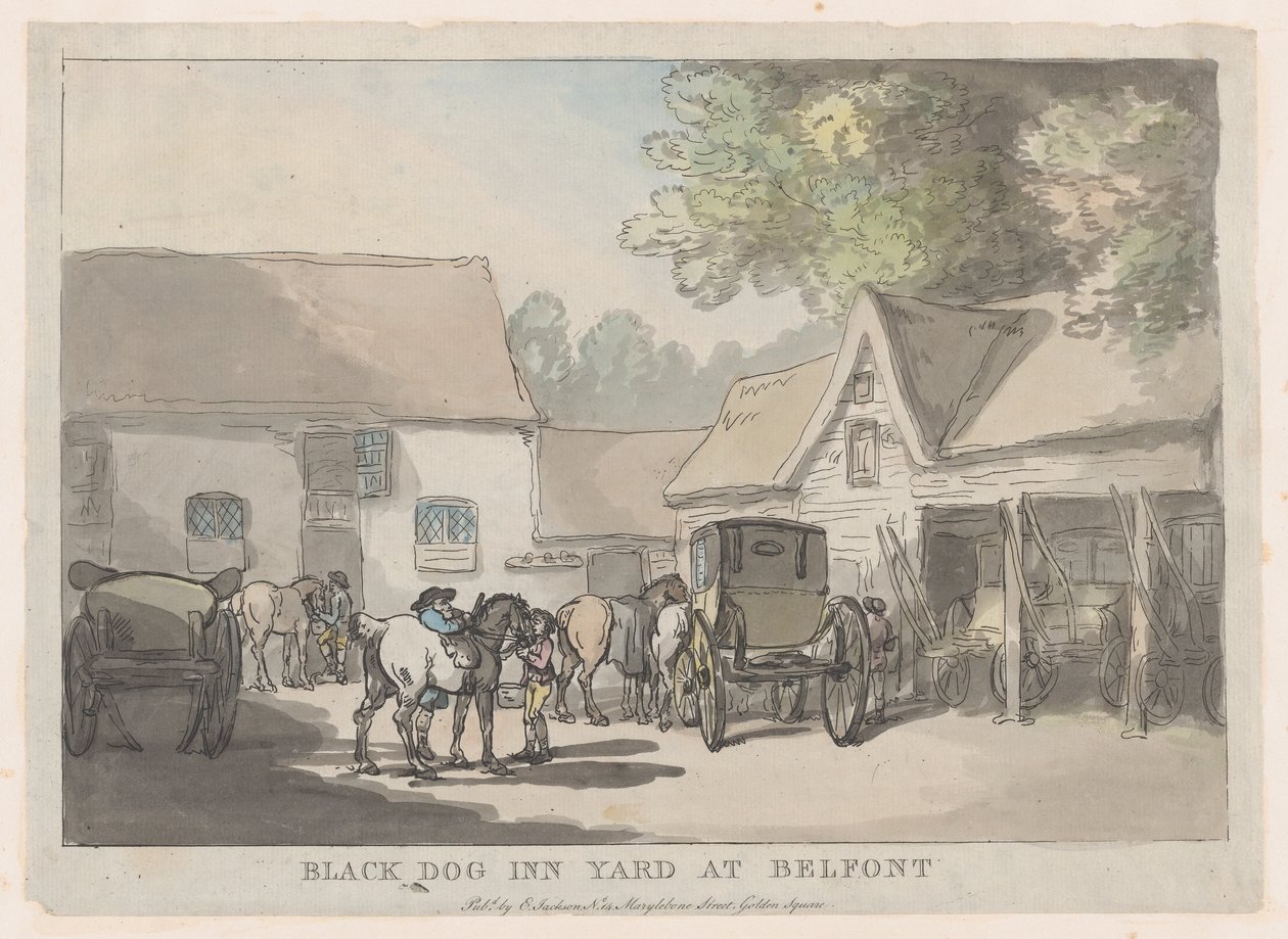 Black Dog Inn Yard at Belfont by Thomas Rowlandson