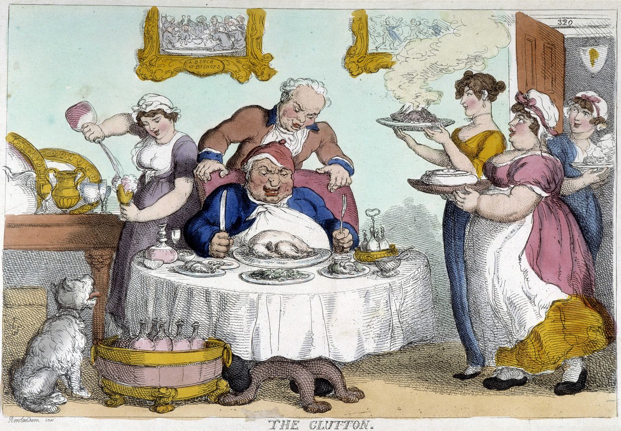 Bourgeois in front of a plethoric meal served by many servants - caricature by Rowlandson by Thomas Rowlandson