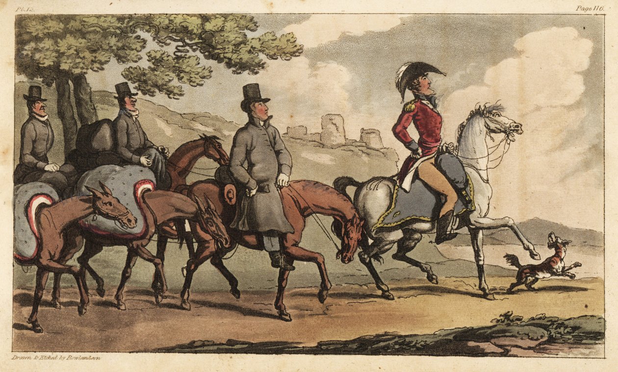 Captain Johnny Newcome and His Servants with Pack Horses on the Road to Santarem, Portugal by Thomas Rowlandson