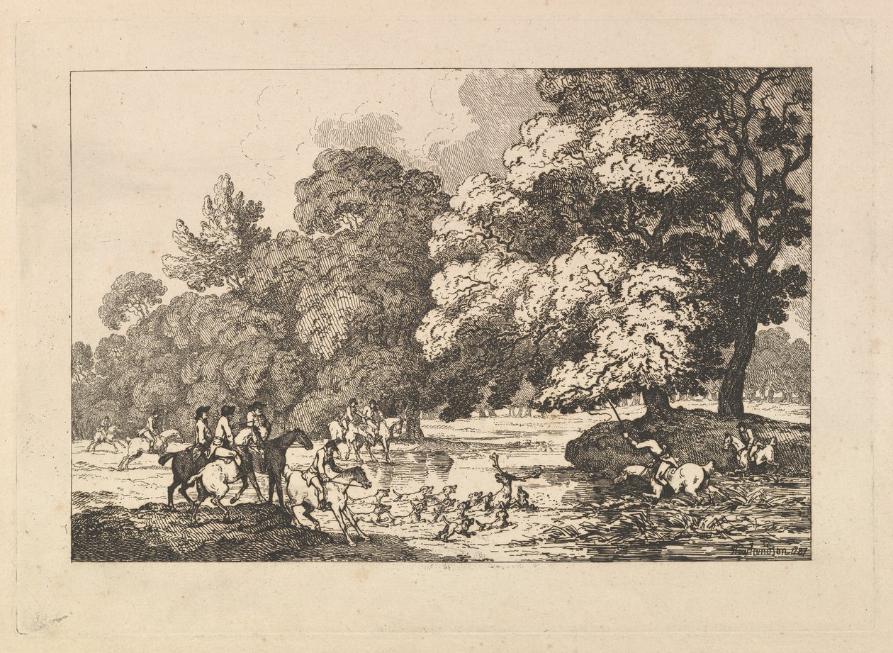 Deer Hunting - A Landscape Scene with Stag and Hounds in a River by Thomas Rowlandson