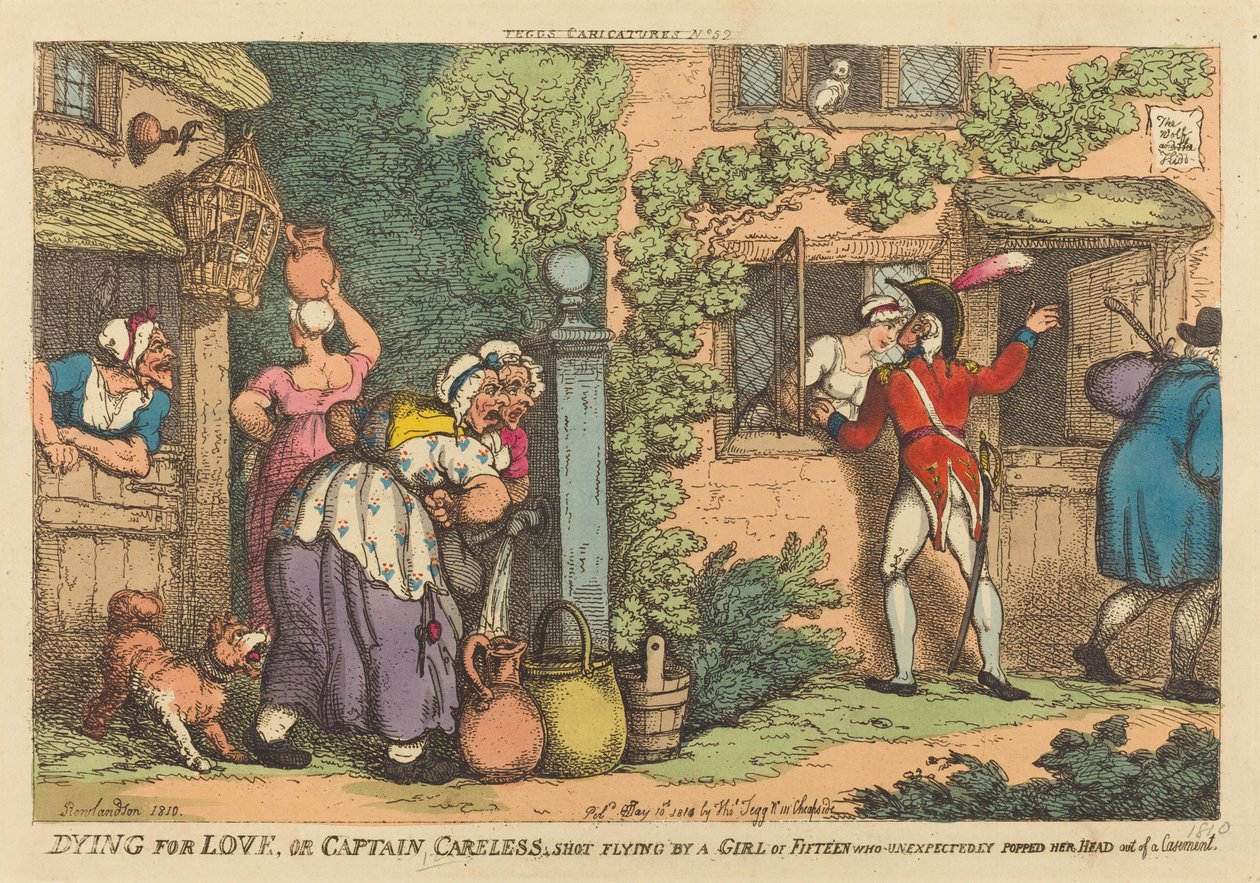 Dying for Love, or Captain Careless Shot Flying by a Girl of Fifteen, who Unexpectedly Popped her Head out of a Casement by Thomas Rowlandson
