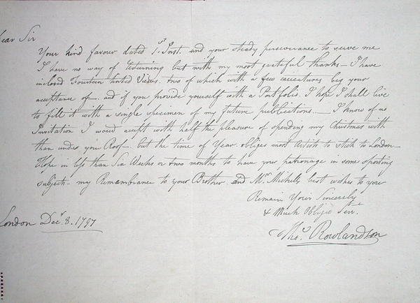 Earliest known letter from the artist to a Mr Downs, a potential patron, 8th December 1797 by Thomas Rowlandson