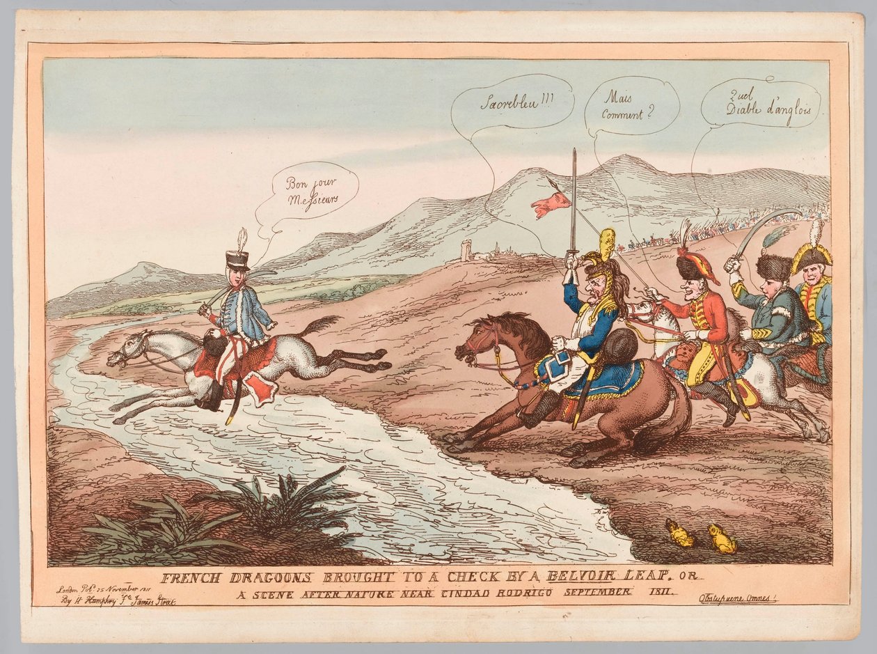 English Manners and French Prudence or French Dragoons brought to a check by Belvoir leap September 1811 by Thomas Rowlandson