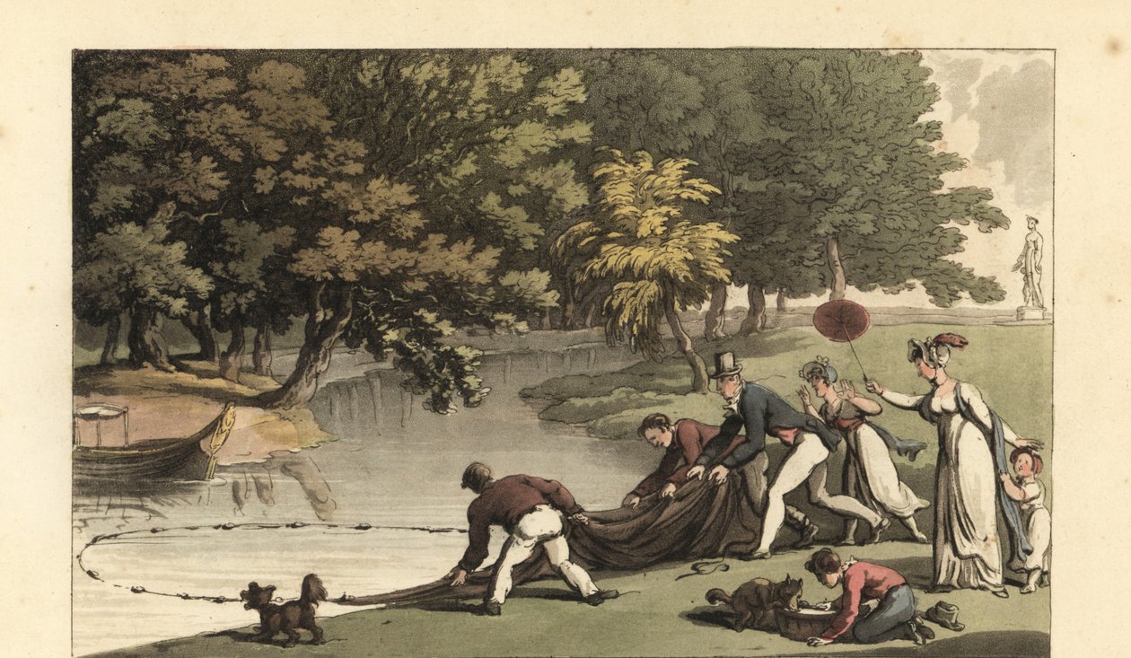 English Gentleman and Staff Fishing in a River by Thomas Rowlandson