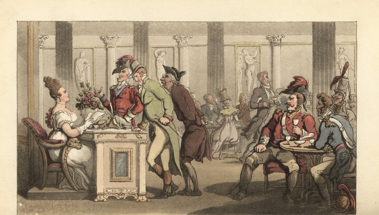 English Gentleman Flirting with the Fair Limonadiere in a Cafe in Paris by Thomas Rowlandson