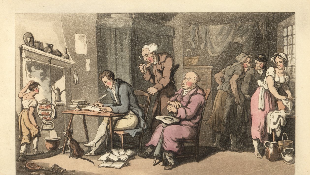 English gentleman writing a begging letter in a decrepit parlour by Thomas Rowlandson
